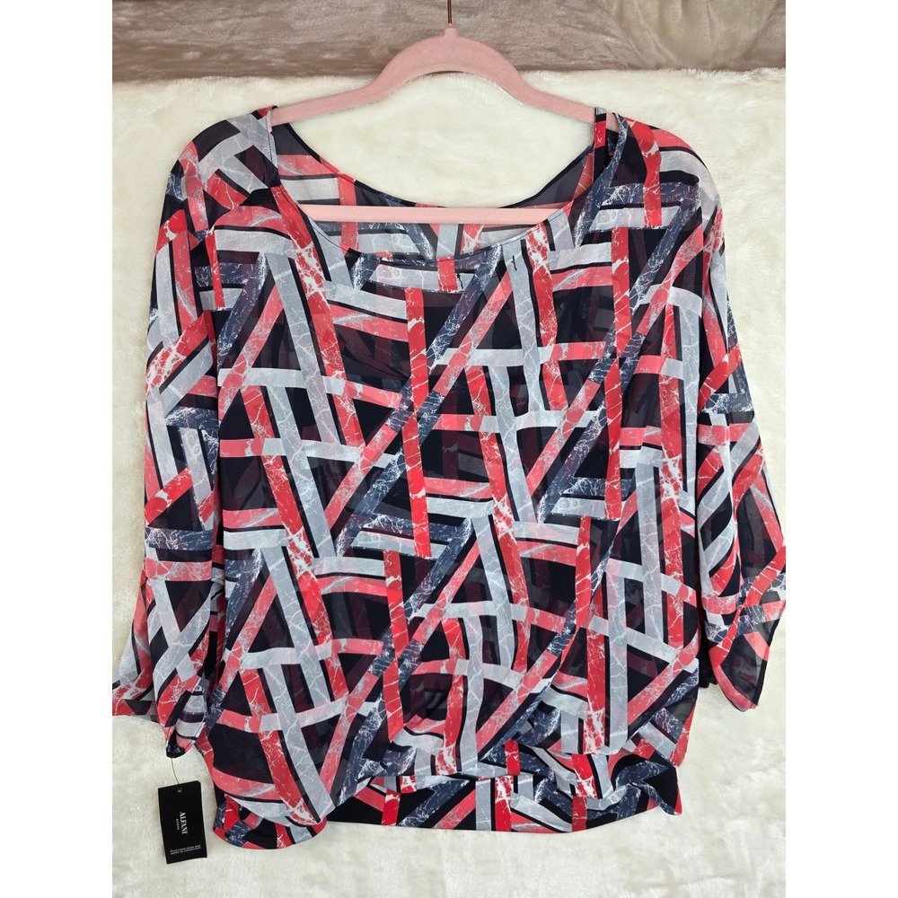 Alfani Woman 1X Red Blue Marble Connect‎ Geometric Blouson Blouse 9346MCT644 NWT